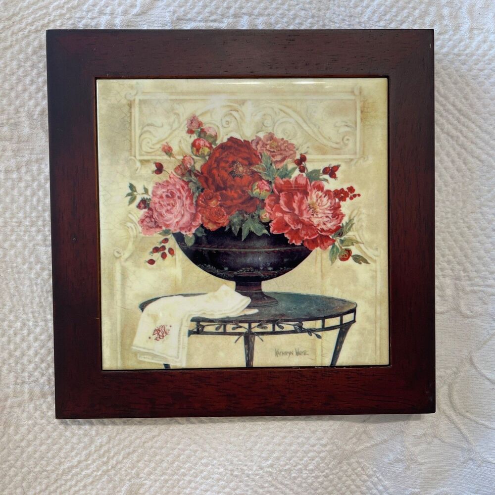 Kathryn White Wood Framed Tile Art Wall Trivet Floral Still Life Chic Farmhouse